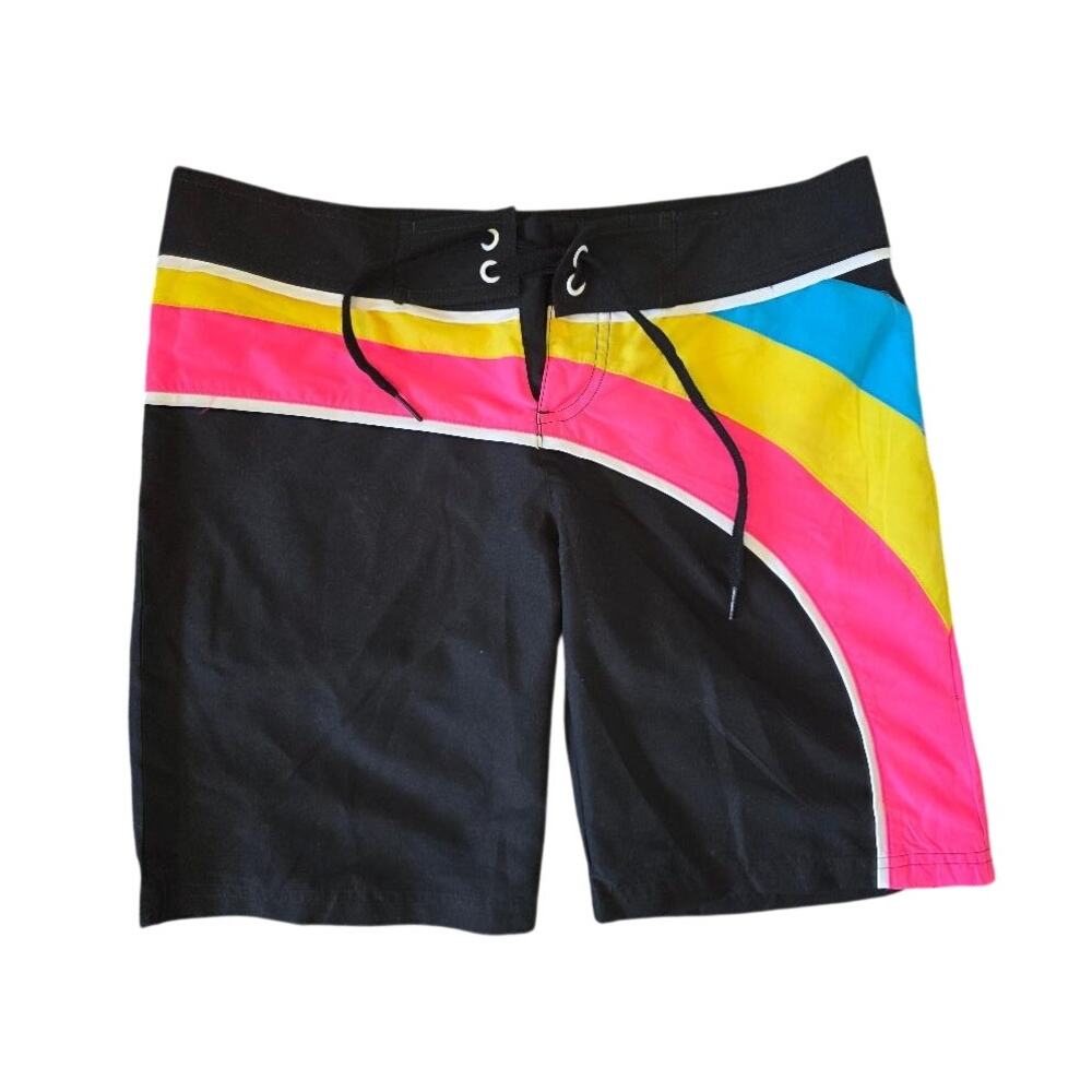OP Girls Board Shorts Size S 3/5 Black Neon Surf Swim Shorts